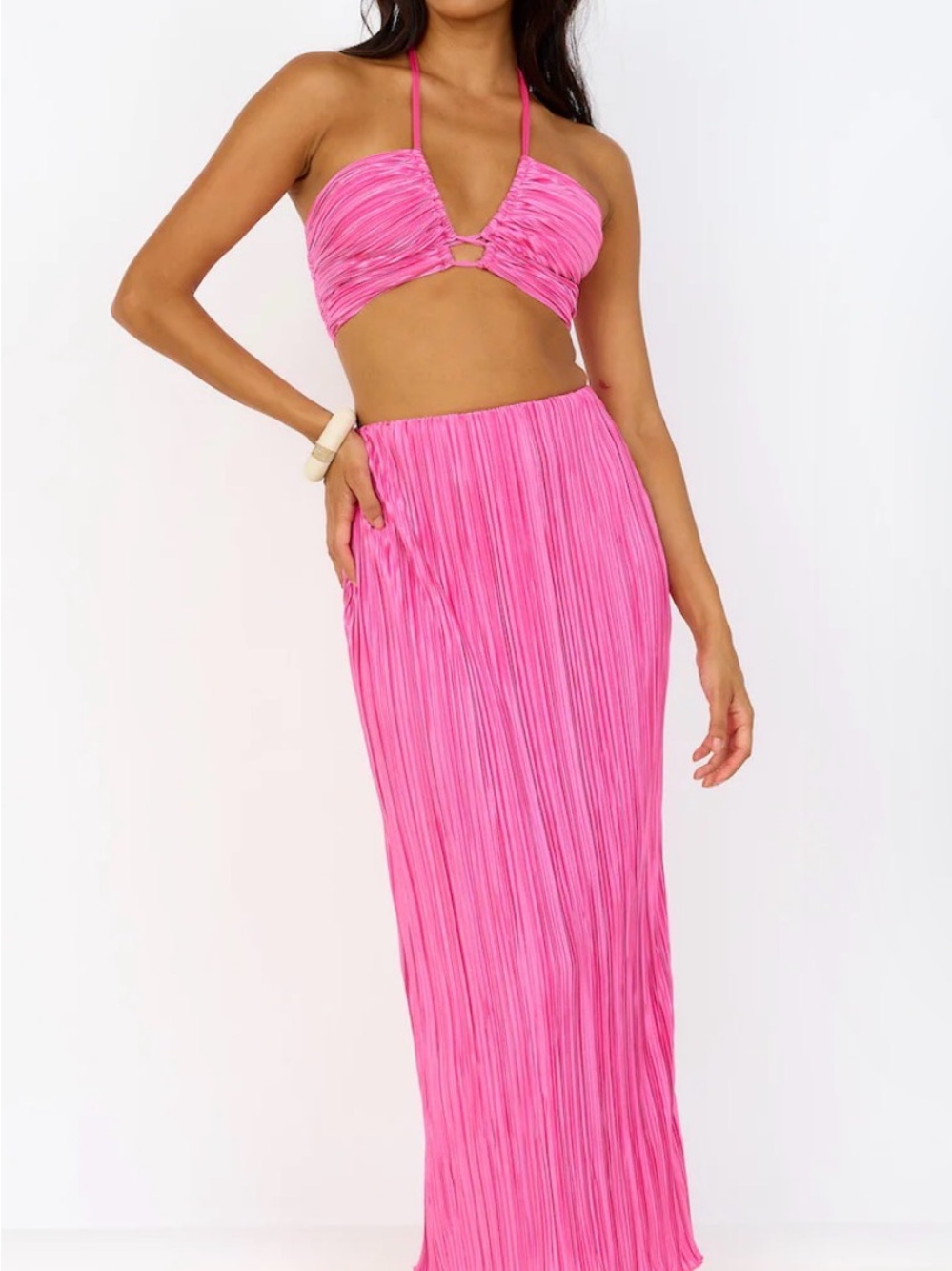 Pink Plisse Maxi Skirt Two Piece Set